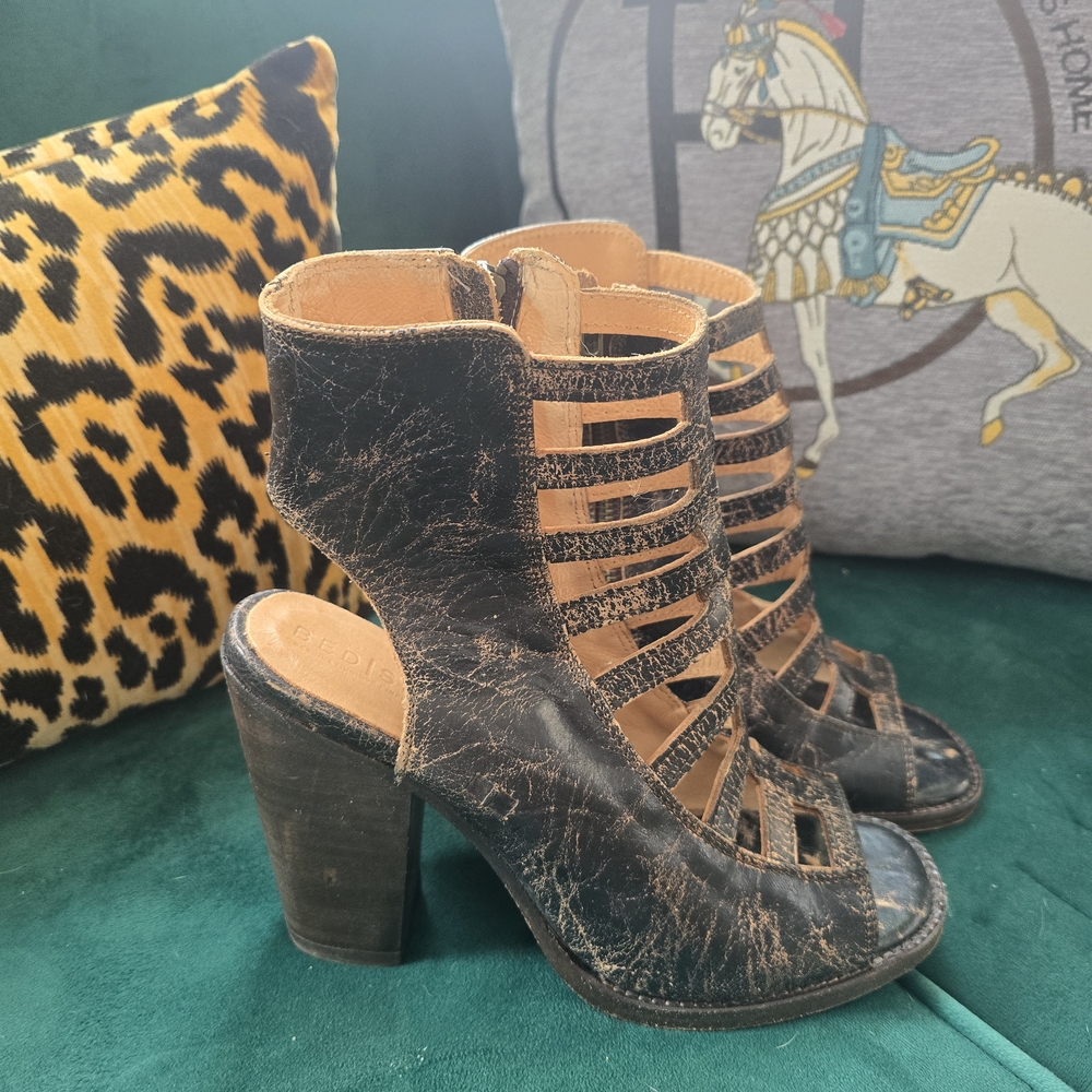 Bed Stu Distressed Black Leather Peeptoe Platform Caged Heels Size 9